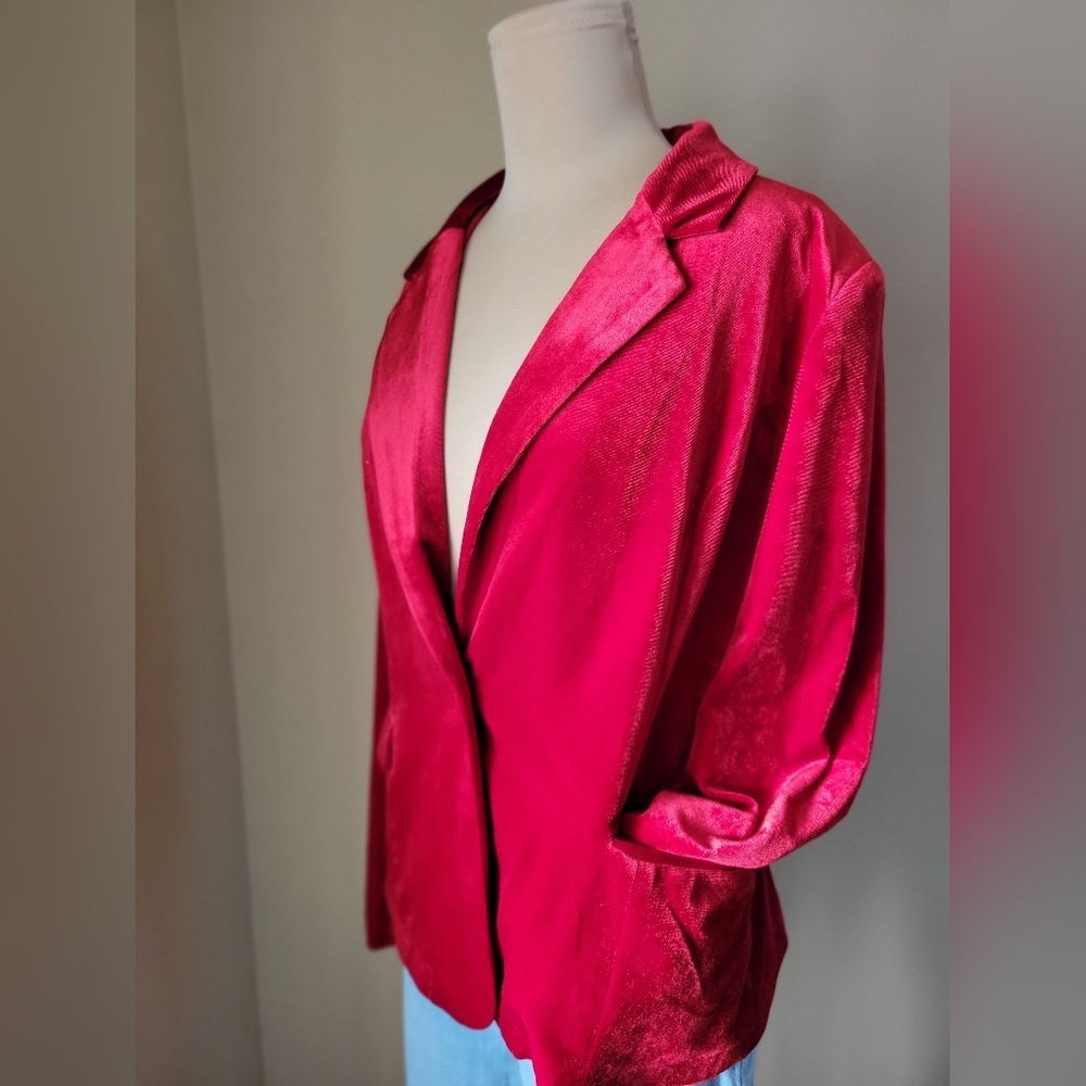 MNI Red Velvet Boyfriend Blazer Jacket - Size Large - Picture 3 of 11